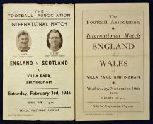 1944/45 Football programmes played at Villa Park, Birmingham featuring 1944/1945 England v