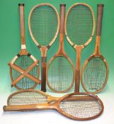 7x various concave wooden tennis rackets c.1915 – J&S Sheffield “ADP Model B”, a William Sykes