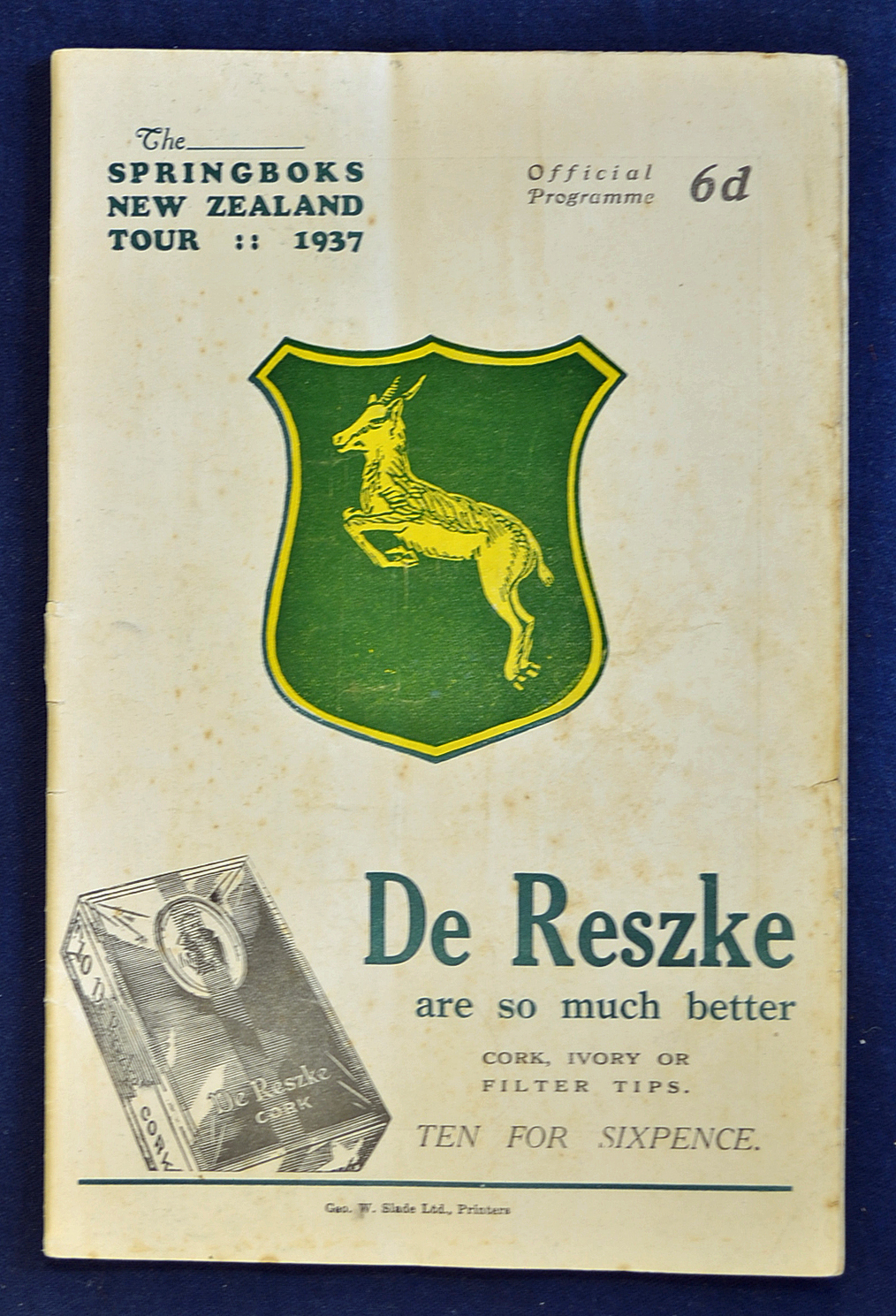 1937 South Africa v Wellington rugby programme - played on 8 August with South Africa winning 29-0 - - Image 2 of 2