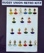 Nice collection of rugby Union retro kit pin badges styled in a Subbuteo format and including