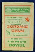 1947 Wales v Australia rugby programme - played at Cardiff arms Park on Saturday, December 20 with