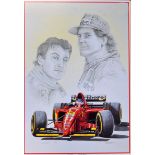 Jean Alesi and Gerhard Berger Formula One print signed by the artist K.W. Davies 729/1000, mf&g,