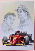 Jean Alesi and Gerhard Berger Formula One print signed by the artist K.W. Davies 729/1000, mf&g,
