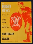 1969 Australia v Wales international rugby programme - played at the Sydney Cricket Ground on