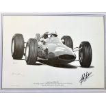 Great signed John Surtees Formula One racing print depicting ‘John Surtees MBE’ 1964 World Formula 1