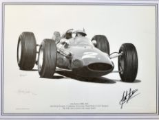 Great signed John Surtees Formula One racing print depicting ‘John Surtees MBE’ 1964 World Formula 1