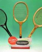 Scarce 1940s Slazenger wooden tennis racket shop display for three rackets together with a Slazenger