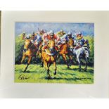 Horse racing oil painting titled ‘Over The Jump’ signed by the artist Cleo Casement – ltd ed no 33/