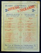 1929 England v Wales rugby programme - played on Saturday 19th January - with England recording