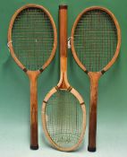 Pair of “Princess” concave wooden tennis rackets both with original double centre mains stringing (