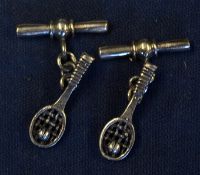 Pair silver tennis cufflinks – comprising a tennis racket and ball, chain link and cased
