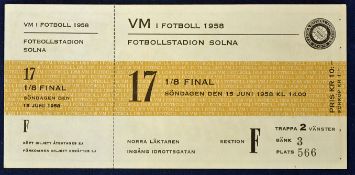 1958 World Cup match ticket Sweden v Wales 15 June 1958 in Stockholm. Complete ticket with