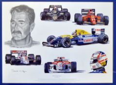 Interesting Nigel Mansell montage ltd edition print by Stuart McIntyre in colour, a British racing