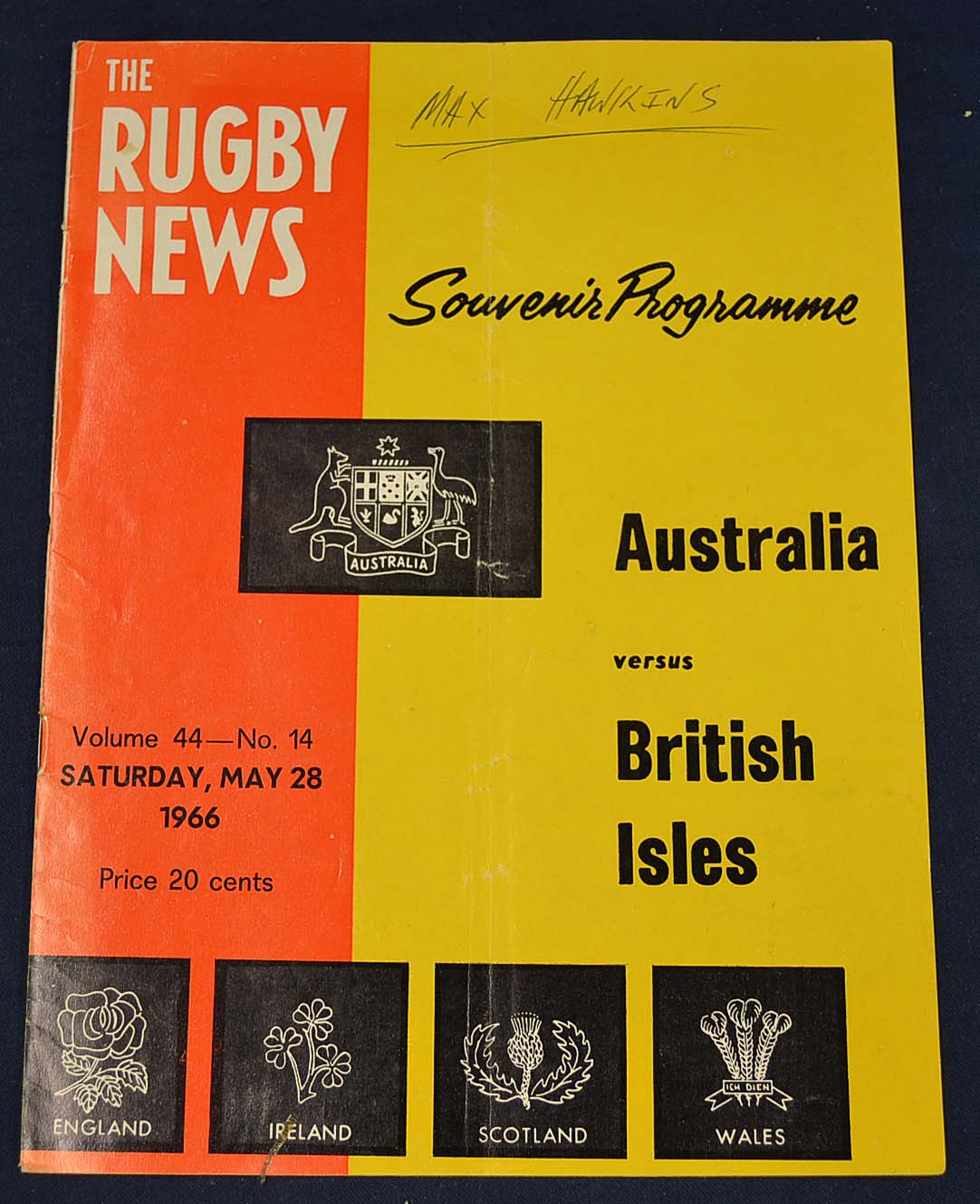 1966 British Lions v Australia rugby programme - played in Sydney on Saturday, May 28 with the Lions