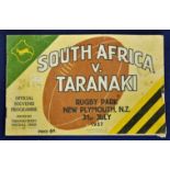 1937 South Africa versus Taranaki rugby programme - played at rugby Park new Plymouth New Zealand on