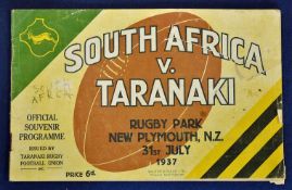 1937 South Africa versus Taranaki rugby programme - played at rugby Park new Plymouth New Zealand on