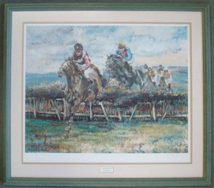 Horse racing signed ltd ed print titled - ‘Over the Sticks’ – signed in pencil by the artist