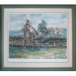 Horse racing signed ltd ed print titled - ‘Over the Sticks’ – signed in pencil by the artist