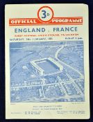 1951 England v France rugby programme played on 14th February with France winning 11-3 for first