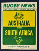 1965 Australia v South Africa international rugby programme - Sydney Cricket Ground on Saturday 19