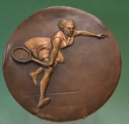 A large bronze tennis plaque c.1950s - embossed with a lady tennis player at full stretch -