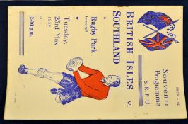 1950 British (Lions) Isles v Southland rugby programme- played at rugby Park Invercargill on Tuesday