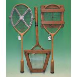 Pair of GG Bussey & Co “The Club” wooden badminton rackets and presses – strings broken to both