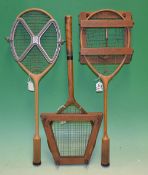 Pair of GG Bussey & Co “The Club” wooden badminton rackets and presses – strings broken to both