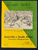 1965 Australia v South Africa international rugby programme - played at Lang Park Milton on Saturday