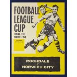 Very scarce football programme Rochdale v Norwich City 61/62 Football League Cup Final 1962 1st
