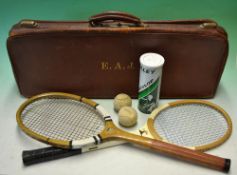 Good quality Edwardian leather tennis holdall case embossed with the initials E.A.J. to one panel