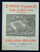 1933 England v Ireland rugby programme - played on Saturday 11th February being England’s only