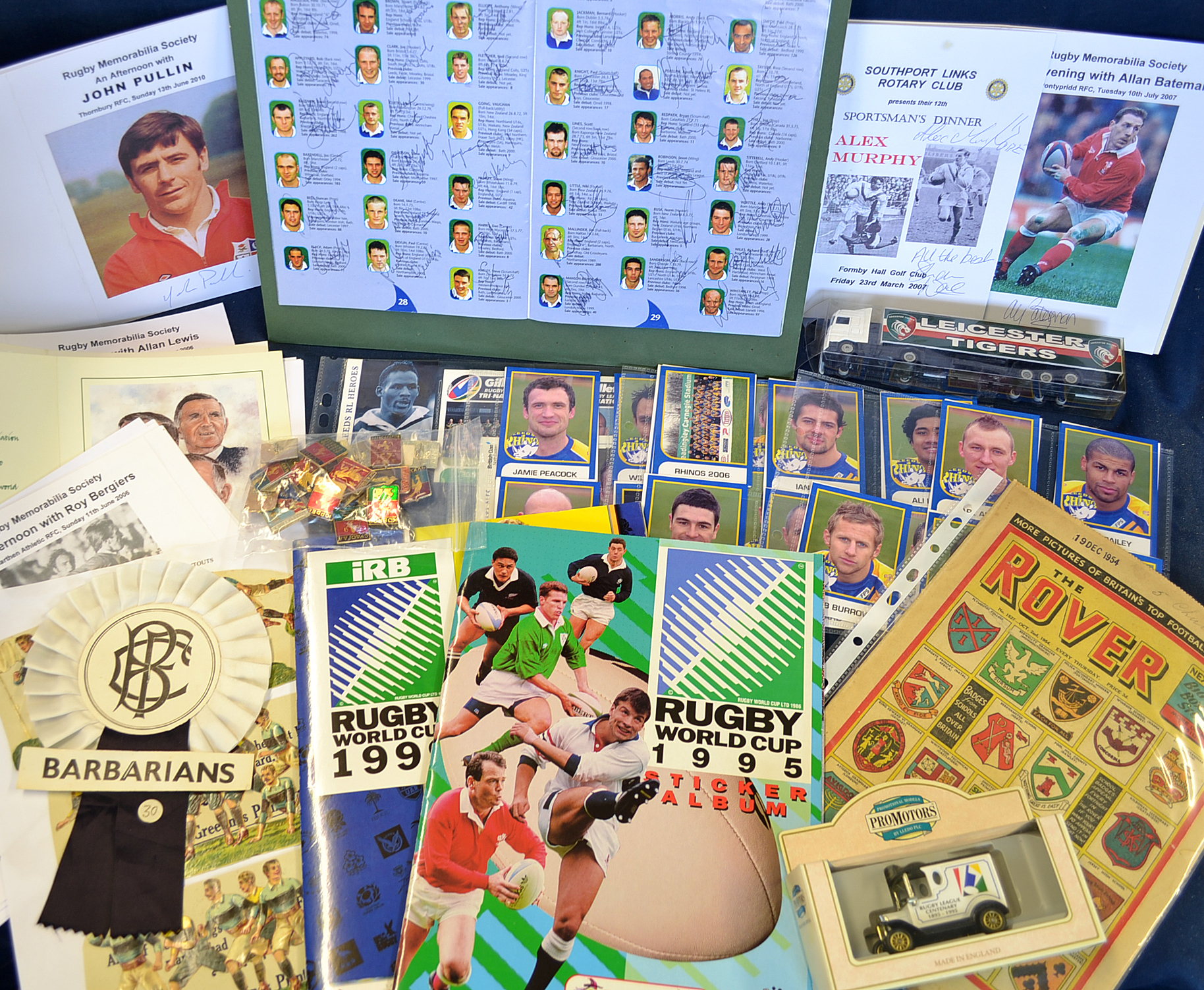 A treasure trove of rugby Ephemera to include some foreign rugby pin badges, possibly Russian with