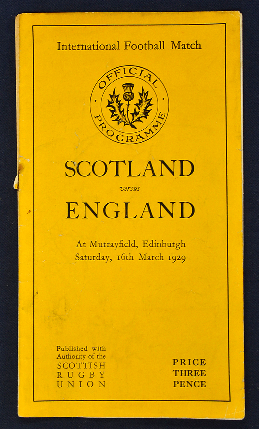 1929 Scotland v England rugby programme - played at Murrayfield 16th March – final match beating