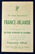 1956 France v Ireland rugby programme - played at Stade Olympique de Colombes on 28th January -