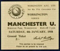 1957/1958 Workington v Manchester Utd FA Cup 3rd Round match ticket – ground ticket 2/-VG