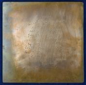 Copper plate with cricket signatures to include Kenneth Shaw, Derek Johnson and Reginald Simpson all