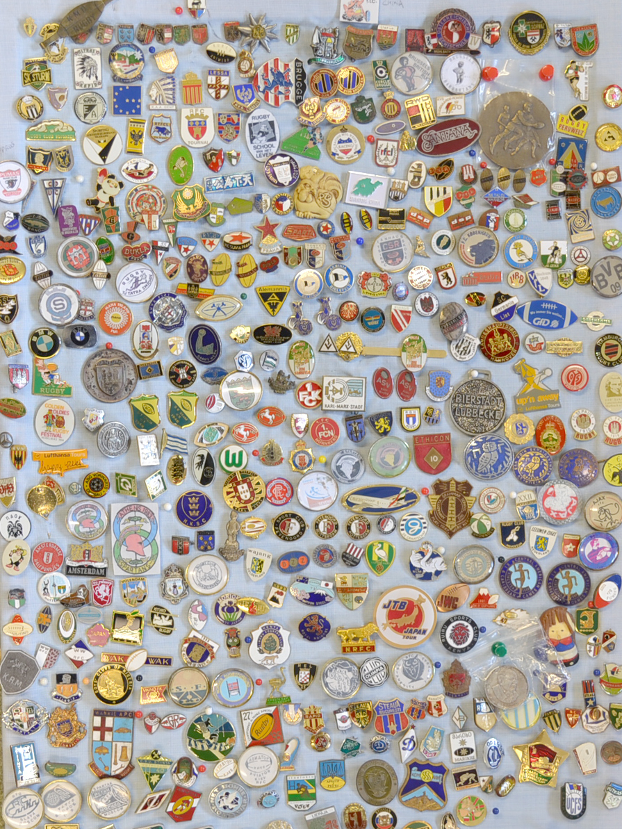 Extensive collection of rugby related pin badges at club level featuring countries Andorra, Austria,