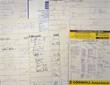 Selection of England international cricket signed teams sheets and scorecards from 1993-2000 with