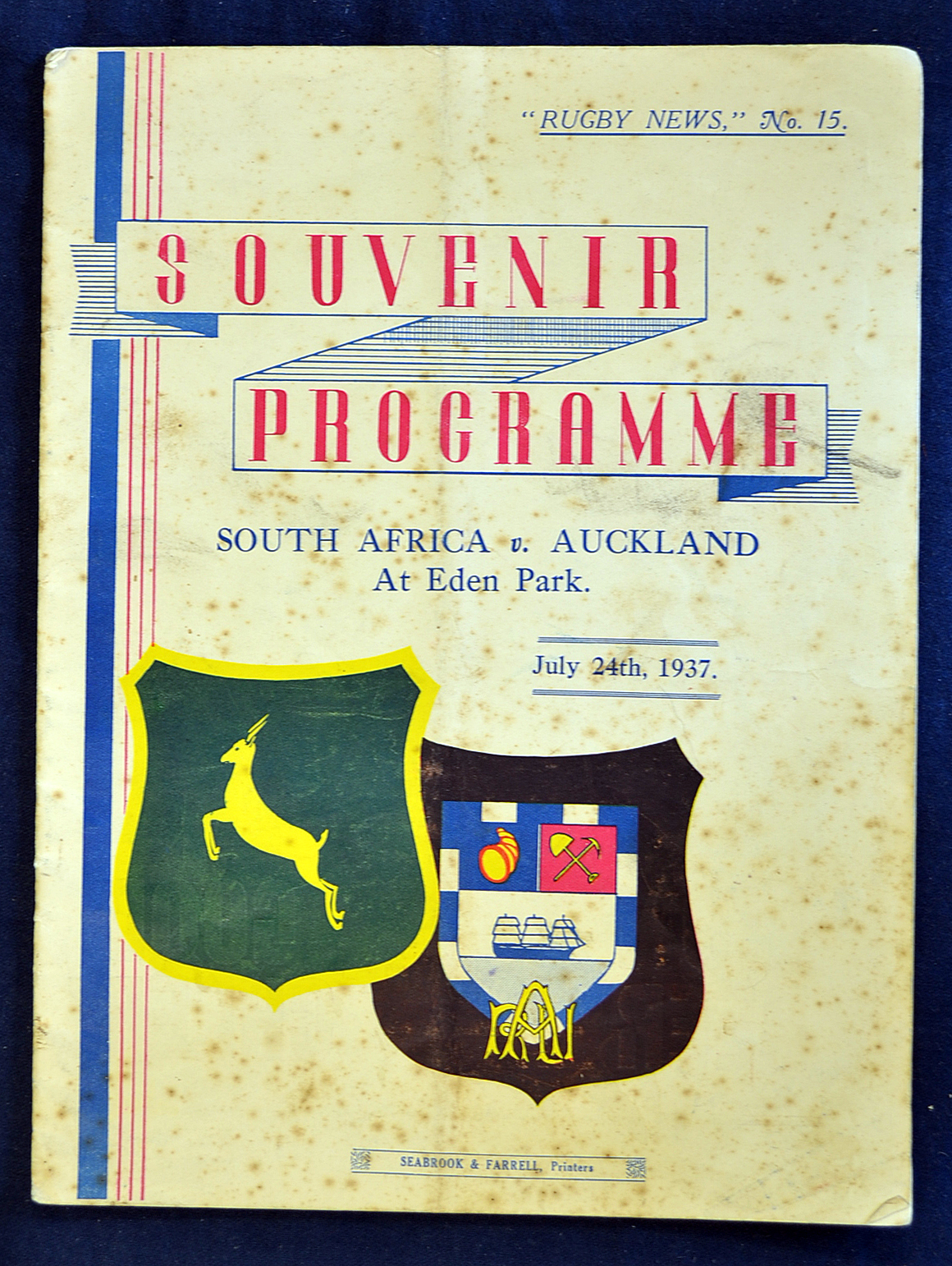 1937 South Africa v Auckland rugby programme - played at Eden Park on 24th July with the South - Image 2 of 2