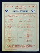 1928 England Rugby Sixth Grand Slam. 1928 England v France rugby programme - played on February 25 -