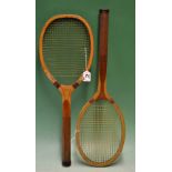 2 x wooden concave tennis rackets to include one stamped Bristol, and the other stamped Compass -