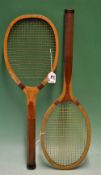 2 x wooden concave tennis rackets to include one stamped Bristol, and the other stamped Compass -