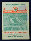 1939 England versus Ireland rugby programme - played on 11th February - with Ireland winning 5-0 and