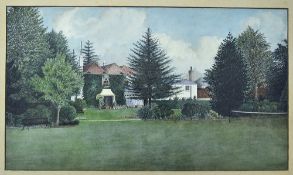 Tennis water colour c. 1920s – country house scene with a tennis court in the foreground – image