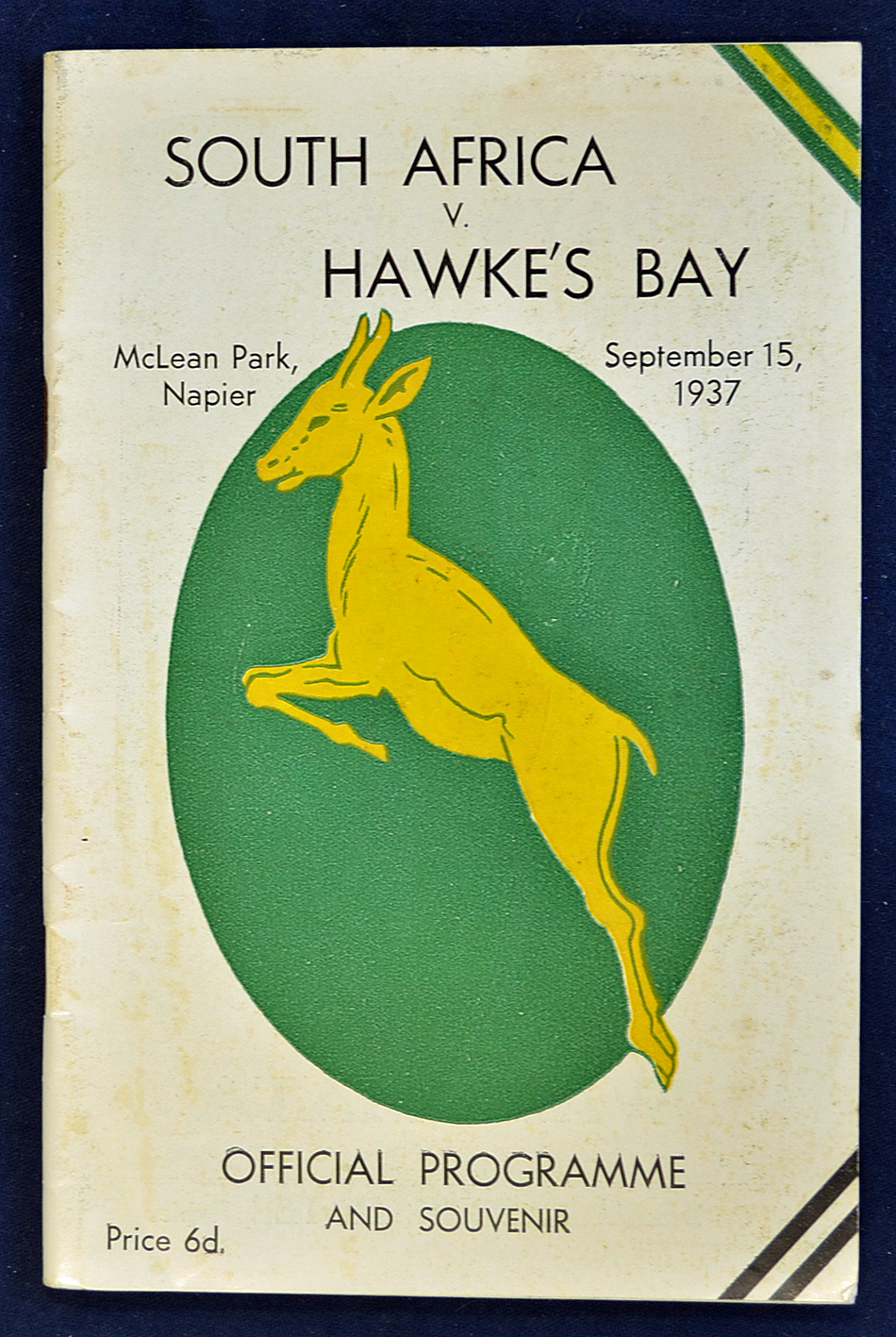 1937 South Africa versus Hawkes Bay rugby programme - played at McLean Park Napier on September 15