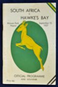 1937 South Africa versus Hawkes Bay rugby programme - played at McLean Park Napier on September 15