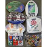 Selection of 5x foam rugby cushions including 4x foam balls shaped cushions, 1999 RWC, 1998