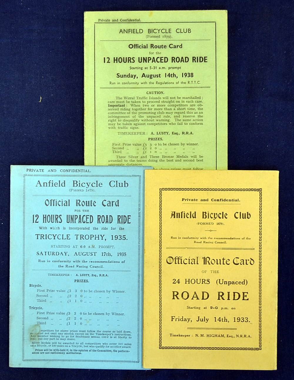 1933 Anfield Bicycle Club official route card for a 24 Hours (Unpaced) Road Ride dated 14/07/1933,