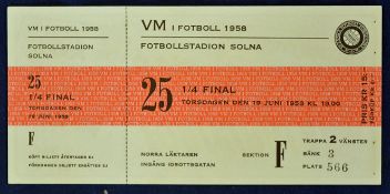 1958 World Cup match ticket Sweden v USSR 19 June 1958 in Stockholm, quarter final match. Complete